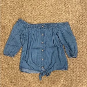 Denim off the shoulder button down top
